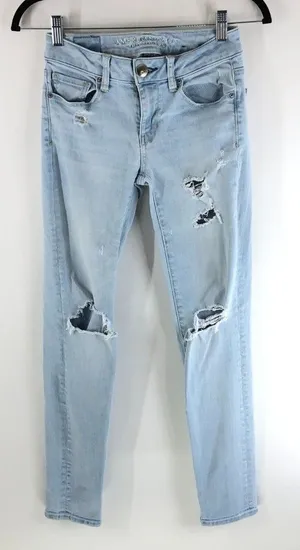 American Eagle Womens Jeans Skinny Super Stretch Light Wash Distressed 0 thumbnail 1