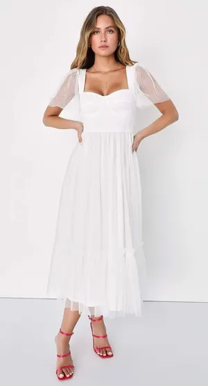 NWT Lulus Dreamy Celebration Sheer Tulle Bustier Swiss Dot Midi Dress S White thumbnail 1