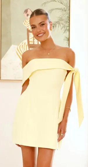 NWT Billy J Off Shoulder Mini Dress - Butter Yellow Small thumbnail 1