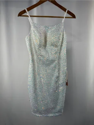 NWT Stacees‎ Sheath Column Square Neckline Sequined Mini Homecoming Dress White thumbnail 4