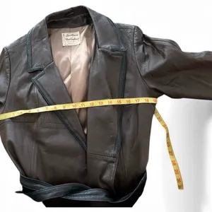 VTG Brown Leather Trench Coat Belted Contrast Trim Minimalist Chic Sz 16 Lined thumbnail 14