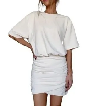 Abercrombie & Fitch Cream Ruched Mini Dress‎ Short Sleeve MT Tall Crew Neck thumbnail 1