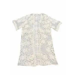 Kimono Duster‎ Womens Small Ivory Sheer Lace Embroidered Open Front Boho Fairy thumbnail 2