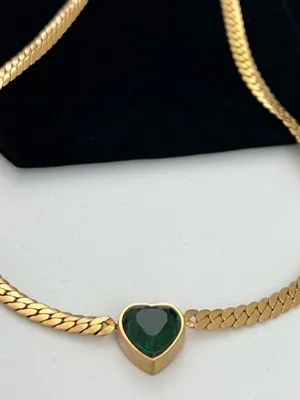 18K Gold Plated Green Heart snake chain Necklace Stainless Steel womens jewelry thumbnail 3