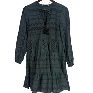 Zara Boho Oversized Embroidered Long Sleeve Mini Dress Tassel V Neck XS Green thumbnail 13
