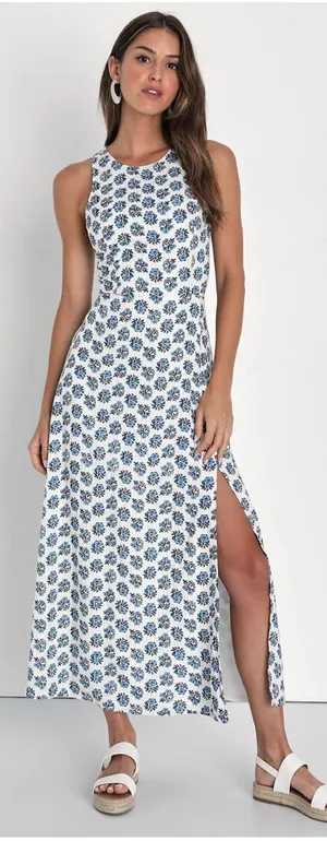 Lulus Flirty Fave Ivory Floral Print Tie-Back Midi Dress Size Small Sleeveless thumbnail 1