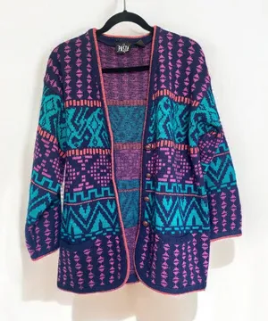 Vintage 80s Colorful Cardigan Sweater Chunky Aztec Patterned Women's Medium thumbnail 1