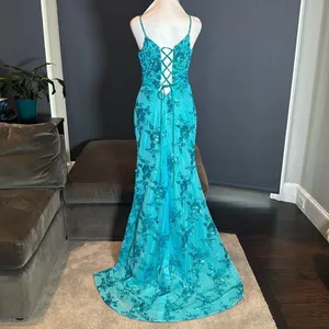 Women’s Blue Mermaid Fit Prom Party Dress Sparkly Sequins Leg Slit Size 2 NEW thumbnail 4