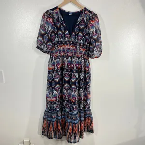 Old Navy Boho‎ Tiered Midi Dress Geometric Print Puff Sleeve Smocked Waist Lined thumbnail 2