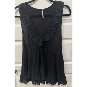 Free People Black Ruffled V-Neck Tank Top thumbnail 2