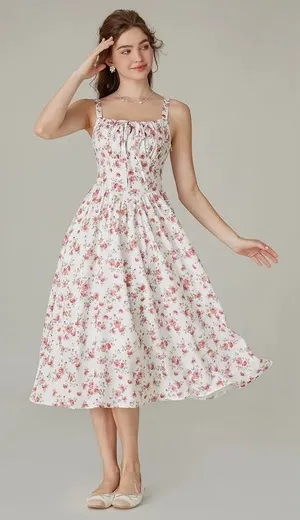 Scarlet Darkness Milkmaid‎ Dress Women Large Ivory Pink Floral Boho Cottagecore thumbnail 1