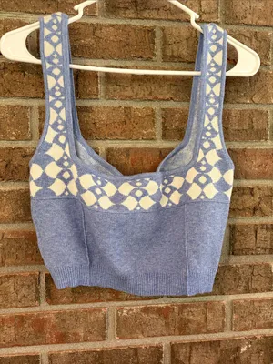 Princess Polly Blue and Cream Geometric Knit Crop Top thumbnail 5