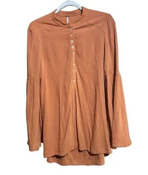 Free People Tunic Top Womens Small Orange Boho Bell Sleeve Sheer Blouse thumbnail 1