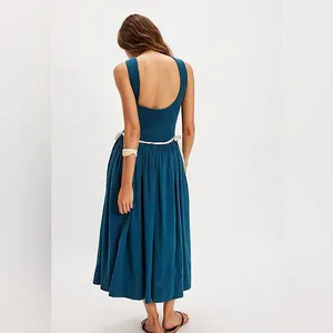 NEW Free People Nightingale Seersucker Midi Dress Tea Navy Combo Small thumbnail 4