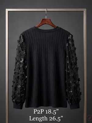 Black Knit Top with Floral Mesh Sleeves thumbnail 2