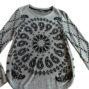 Desigual Grey Pullover Sweater Bohemian Print Stud Stretch Wool Blend Sz Medium thumbnail 4