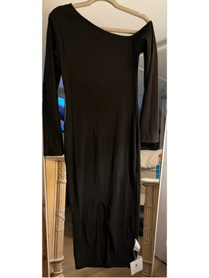 NEW 1 Shoulder Long Sleeve Ribbed Dress Back Slit Bodycon S thumbnail 4
