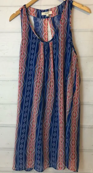 Umgee boho sleeveless striped Aztec print lace back keyhole flowy mini dress thumbnail 1