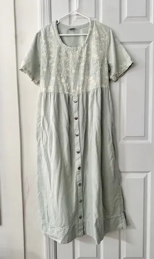 Cotton USA Light Blue Wash Graphic Print Loose Button Dress Vintage Lagenlook L thumbnail 1