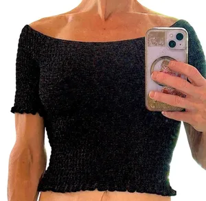 Urban Outfitters Smocked OffShoulder CropTop BLk Metallic Sparkle festival NWT M thumbnail 1
