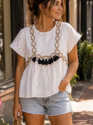 Zara TRF White‎ Eyelet Embroidered Cotton Tassel Boho Blouse XS NWT thumbnail 1