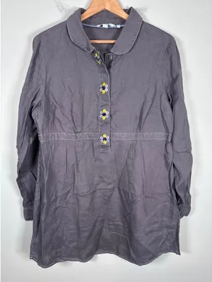 Boden Linen Tunic Shirt Women 12 Gray Floral Button Lagenlook Art Teacher Indie thumbnail 1
