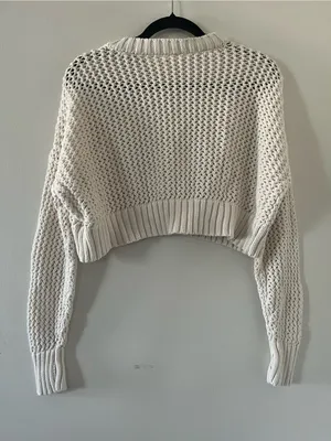 Offline by Aerie Cream Open Knit Cropped V Neck Sweater Small Chunky Coastal thumbnail 6
