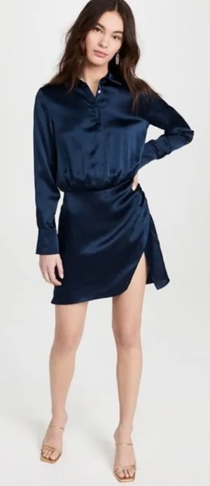 Amanda Uprichard Silk Shirt Dress Navy Blue Button Front Minimalist Women Small thumbnail 1