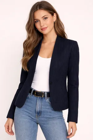 Women's Navy Pinstripe One-Button Blazer, Lined, Long Sleeve, Classic Business thumbnail 1