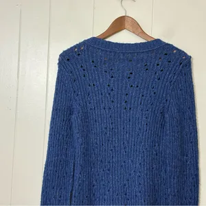 Free People Blue Open Knit Crewneck Sweater S Boho Slouchy Pointelle Pullover thumbnail 9