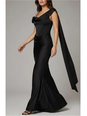 LEAU Celine Corset Drape Satin Gown, Black,Small thumbnail 3