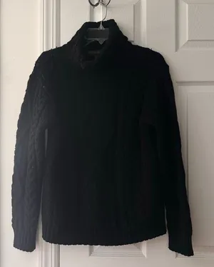 Inis Crafts Ireland Merino Wool Black Cable Knit Turtleneck Sweater Large Cozy thumbnail 1