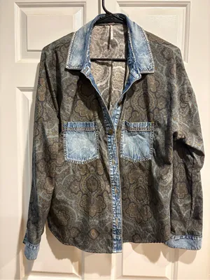 Free People Satin Paisley Button Up Blouse Denim Accents Sz M boho gray blue thumbnail 1