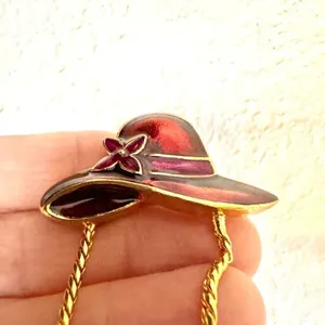 Red enamel hat brooch with gold tone chain thumbnail 6