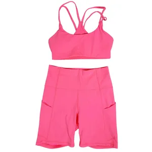 Fabletics 2 pc Workout SET Sports Bra & Biker Shorts XS Hot Pink Gym Athletic thumbnail 2