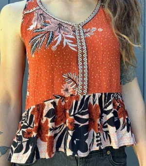 Patrons of Peace sleeveless embroidered floral ruffle hem boho tank, size medium thumbnail 8