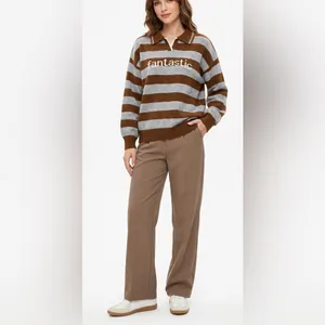Fantastic Striped V-Neck Polo Sweater in Brown and Gray thumbnail 2