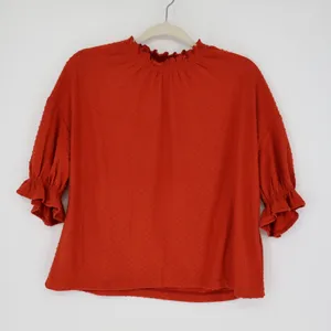 Madewell Women's Ruffle Mock Neck Short Sleeve Clip Dot Top Russet Orange Small thumbnail 1