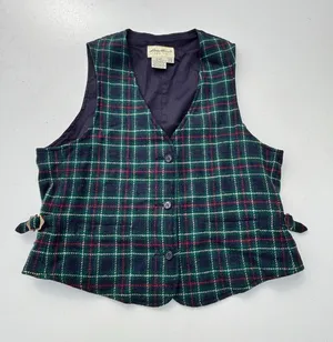 Eddie Bauer Womens Vintage Navy, Green Wool Plaid Button Down Vest M thumbnail 1