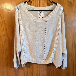 Miss Me Crochet Lace Sweater Large Beige White Boho Knit Pullover Great fall top thumbnail 3