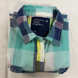 American‎ Eagle Outfitters Teal Plaid Button Down Shirt Womens Large L/G Cotton thumbnail 9