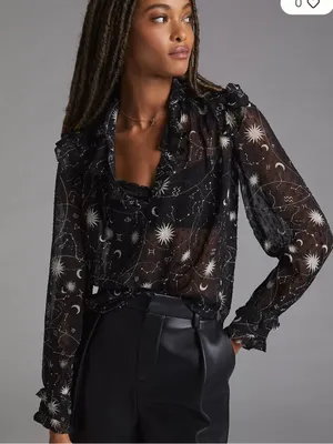 Anthropologie Black Sheer Celestial puffed sleeve Ruffle Blouse M thumbnail 1