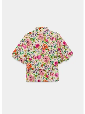 Zara Floral Tie-Front Puff Sleeve Top - Pink, Orange, Green thumbnail 3