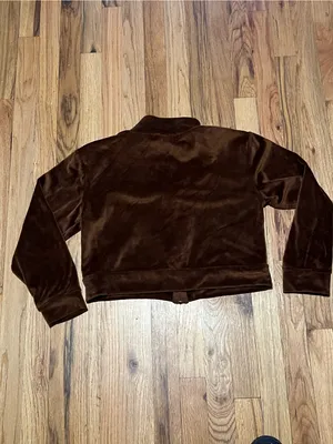 Brown Velour Cropped Track Jacket Zip Up Sweatshirt thumbnail 3