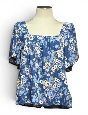 Gap Cotton Short Sleeve Square Neck Top Blue Floral Pink Yellow Medium thumbnail 1