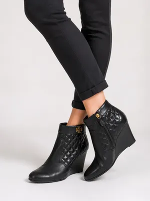 Tory Burch Leila Black Quilted Leather Wedge Ankle Booties Gold Logo Zip Size 8M thumbnail 2