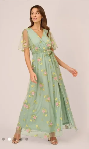 Adrianna‎ Papell Embroidered Maxi Dress Sage Multi Floral Flutter Size M NWT thumbnail 1