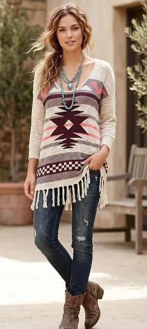American Rag Cie Aztec Boho Sweater Size Medium with Tassels/ Fringe. thumbnail 1