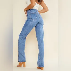 PrettyLittleThing Ripped High Waist Split Hem Jeans, Blue, Size 2 Tall, EUC thumbnail 3