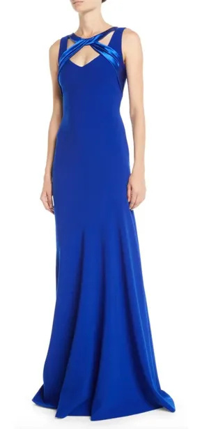 Theia Sleeveless Crepe Gown with Satin Crisscross in‎ Blue thumbnail 1